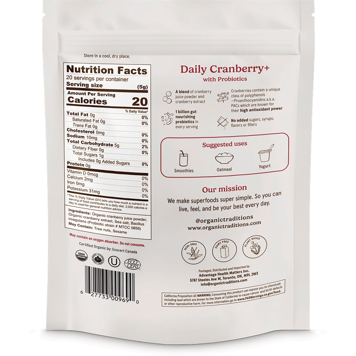 OTR106 | Back of white pouch showing Nutrition Facts panel, barcode, and Daily Cranberry+ suggested uses