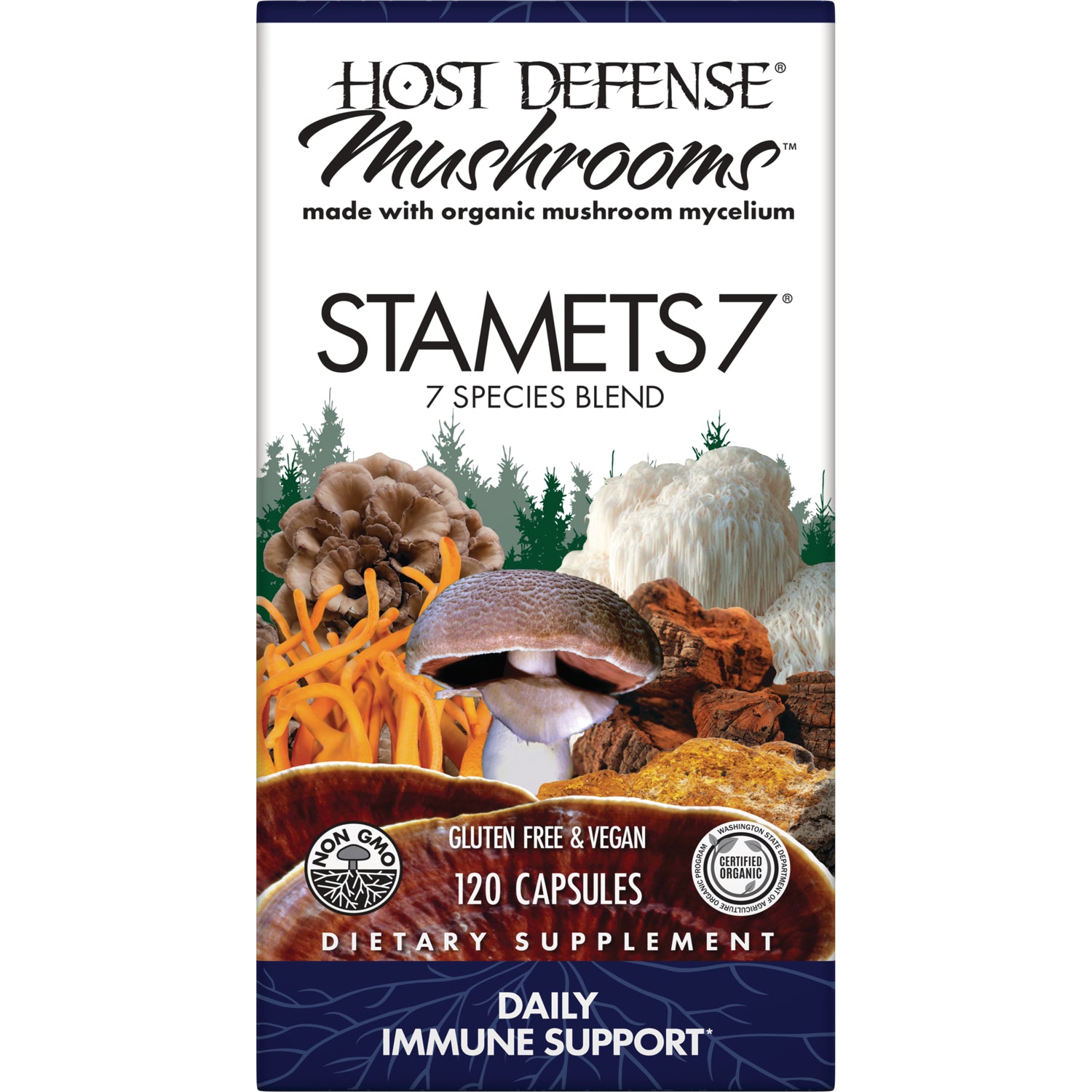FUN026 | Host Defense Mushrooms Stamets7 7 species blend box showing mushroom images and text 120 capsules daily immune support