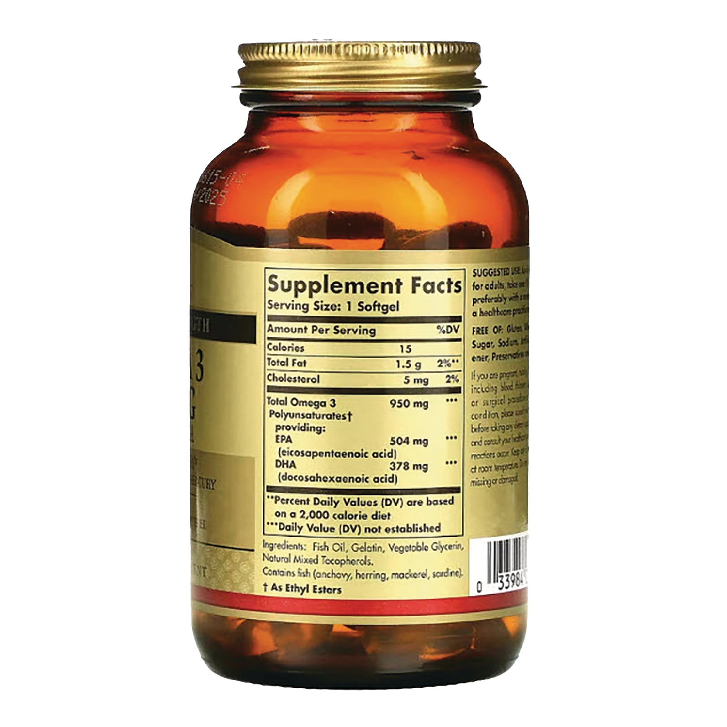 SLG339 | Amber softgel bottle back showing Supplement Facts panel, ingredient list, and barcode