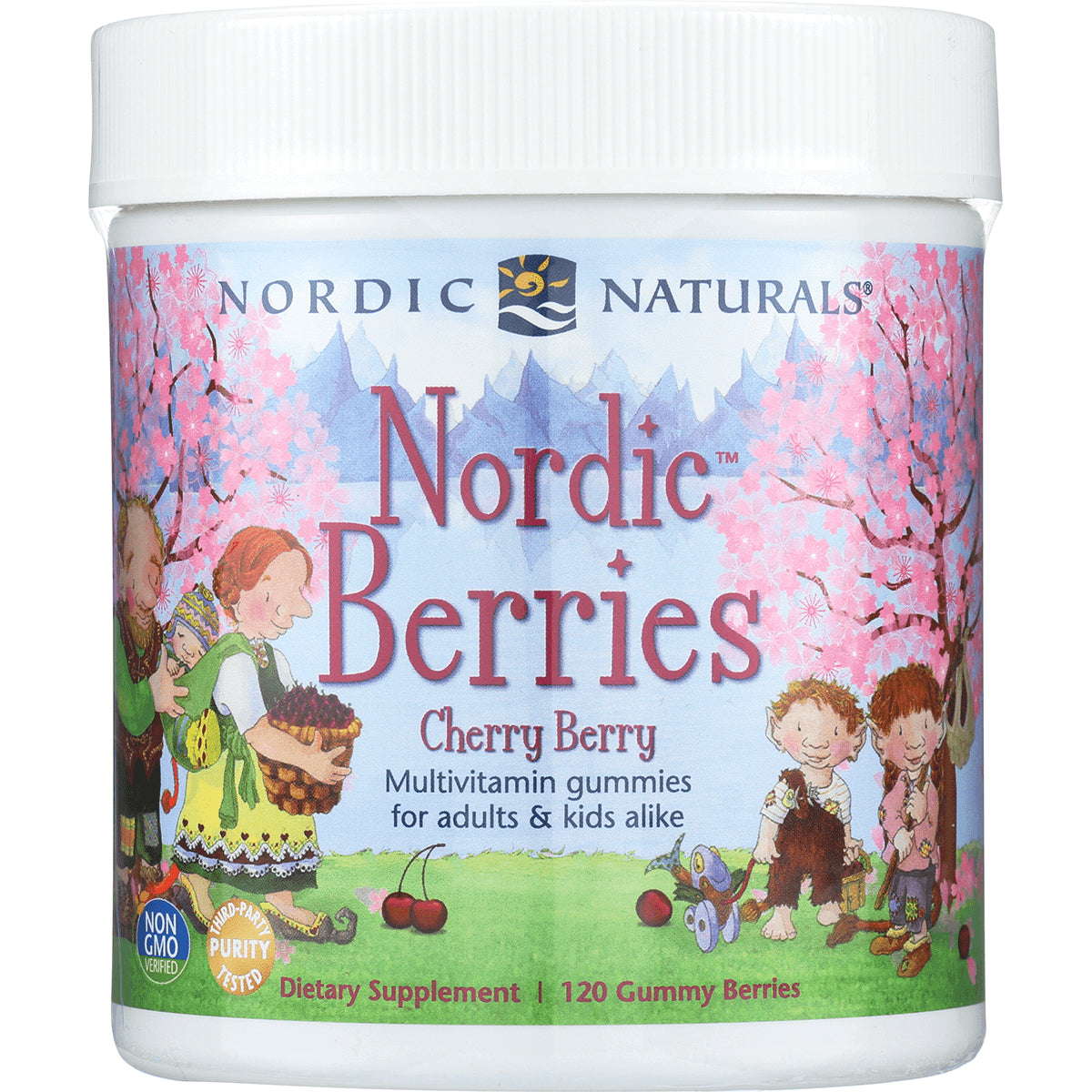 NRN106 | Nordic Berries Cherry Berry multivitamin gummies jar front showing label art with children and cherries