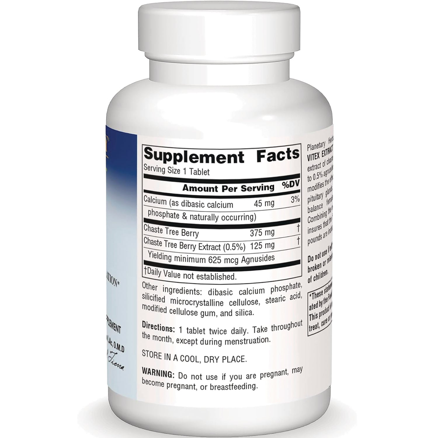 PF064 | Back of white supplement bottle showing Supplement Facts panel, directions and warning label