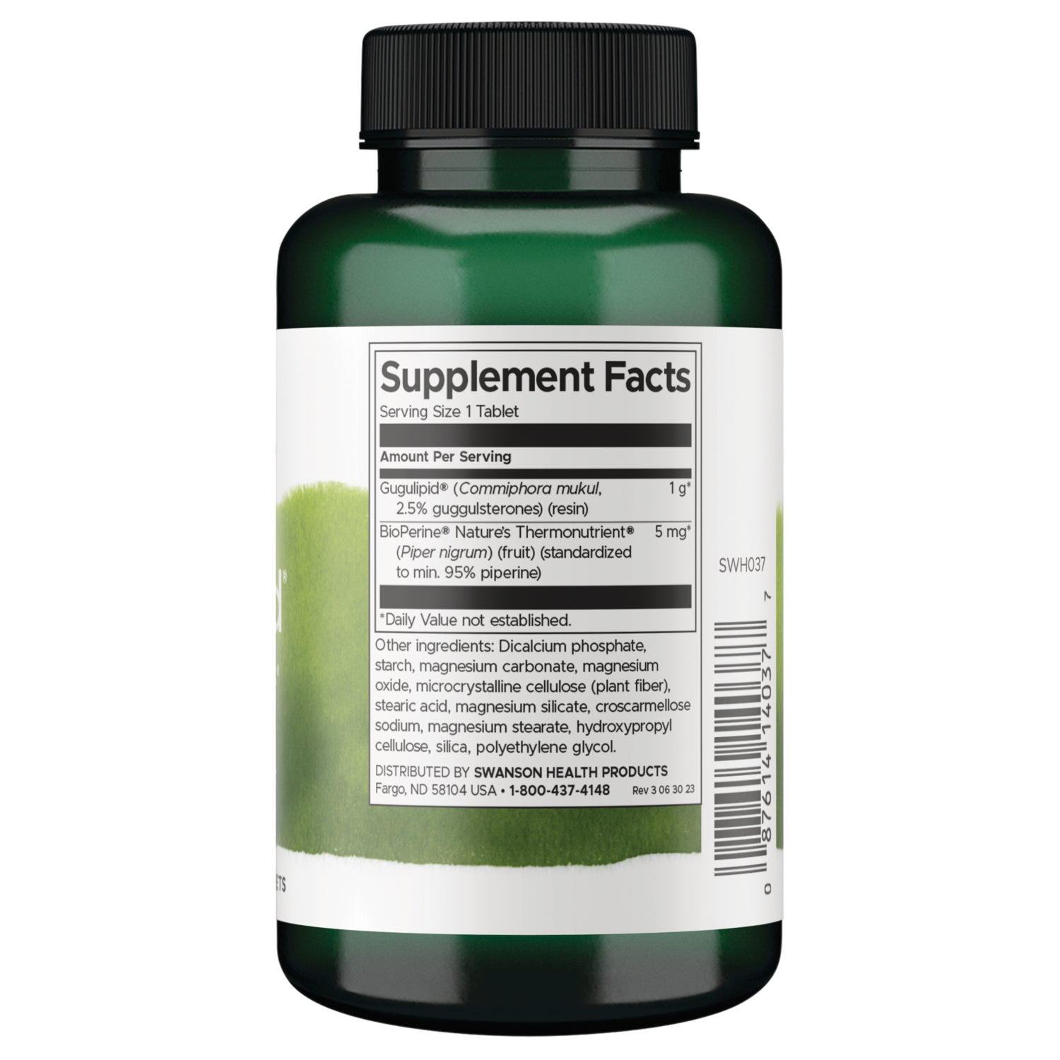 SWH037 | Back of supplement bottle showing Supplement Facts panel, ingredients list, and barcode