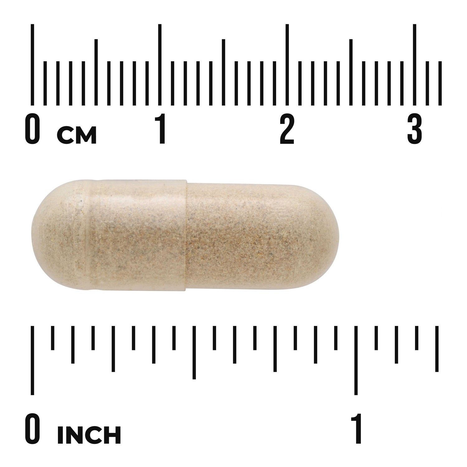 SWC084 | Beige capsule with size shown next to centimeter and inch rulers