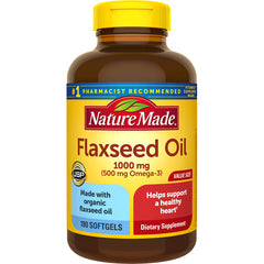 NTM041 | Nature Made Flaxseed Oil 1000 mg bottle, 180 softgels, front label showing value size and USP seal