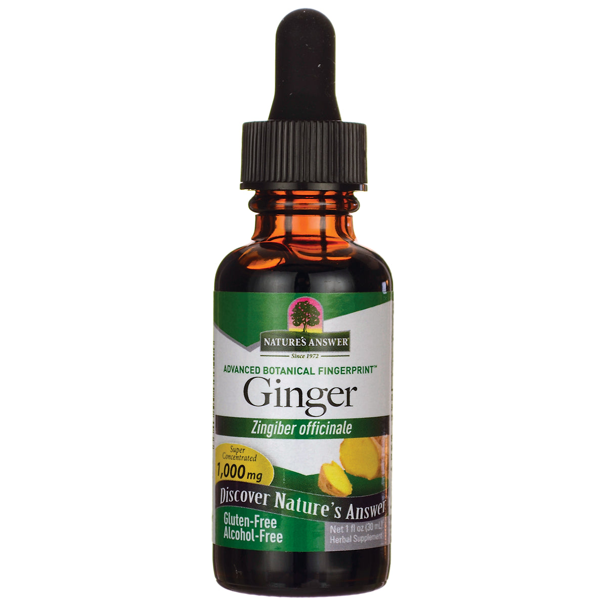 NAT032 | Amber dropper bottle labeled Nature's Answer Ginger herbal supplement 1 fl oz gluten-free alcohol-free