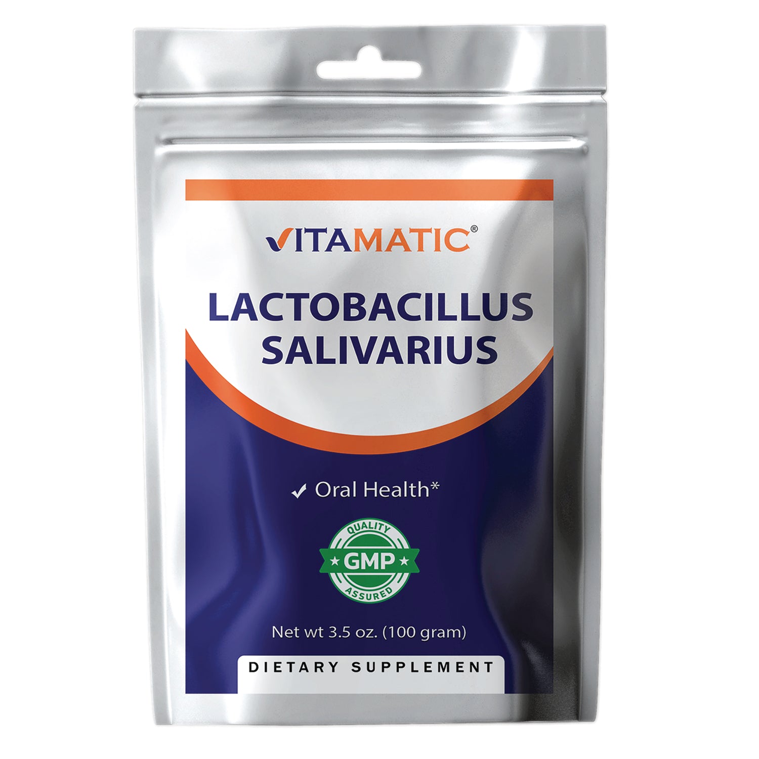 VAM005 | Vitamatic Lactobacillus Salivarius supplement pouch, Oral Health, GMP seal, net wt 3.5 oz (100 g)