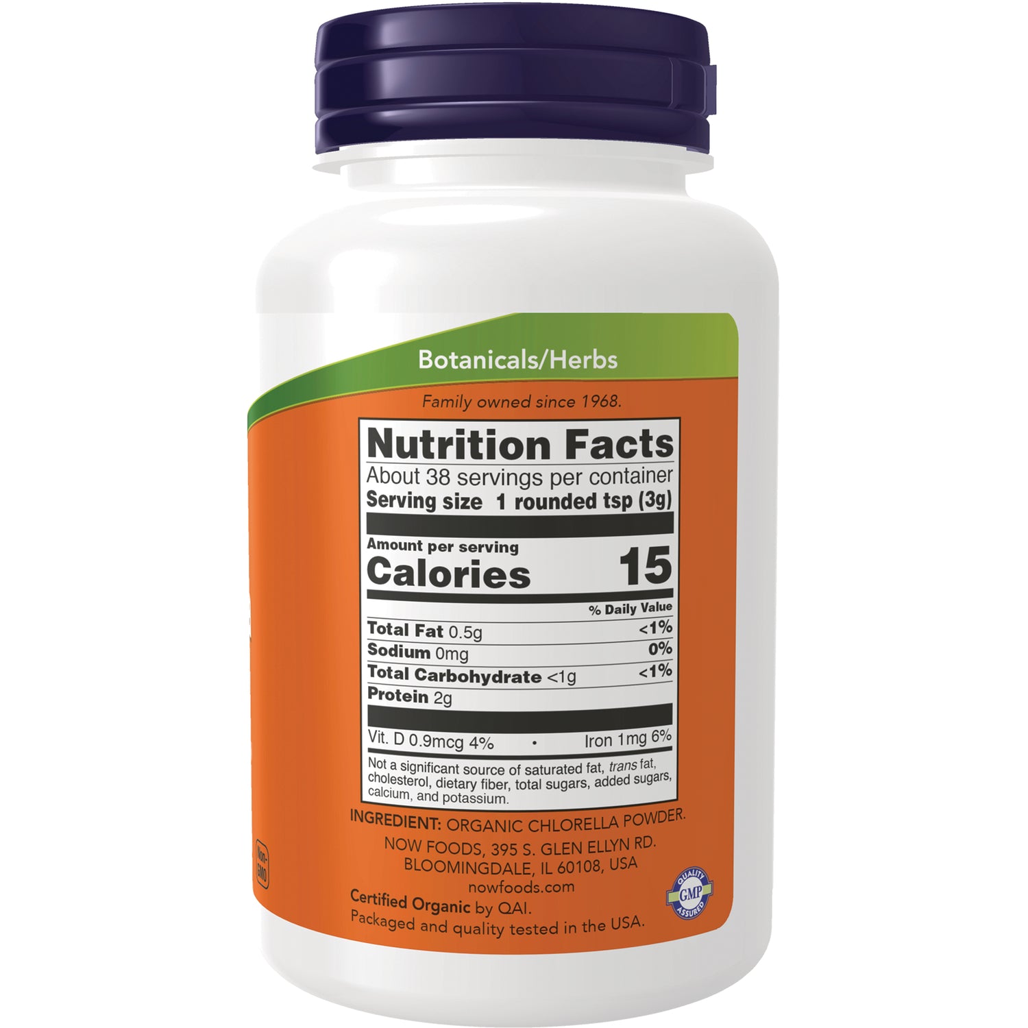NWF732 | back label of white supplement bottle showing Nutrition Facts panel and ingredient listing for organic chlorella powder
