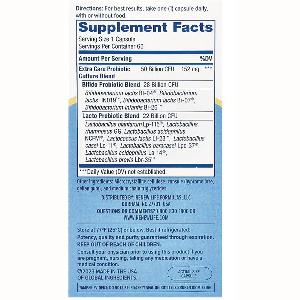 RNL236 | back label showing Supplement Facts, serving size 1 capsule, probiotic blend details and storage and usage instructions - Thumbnail