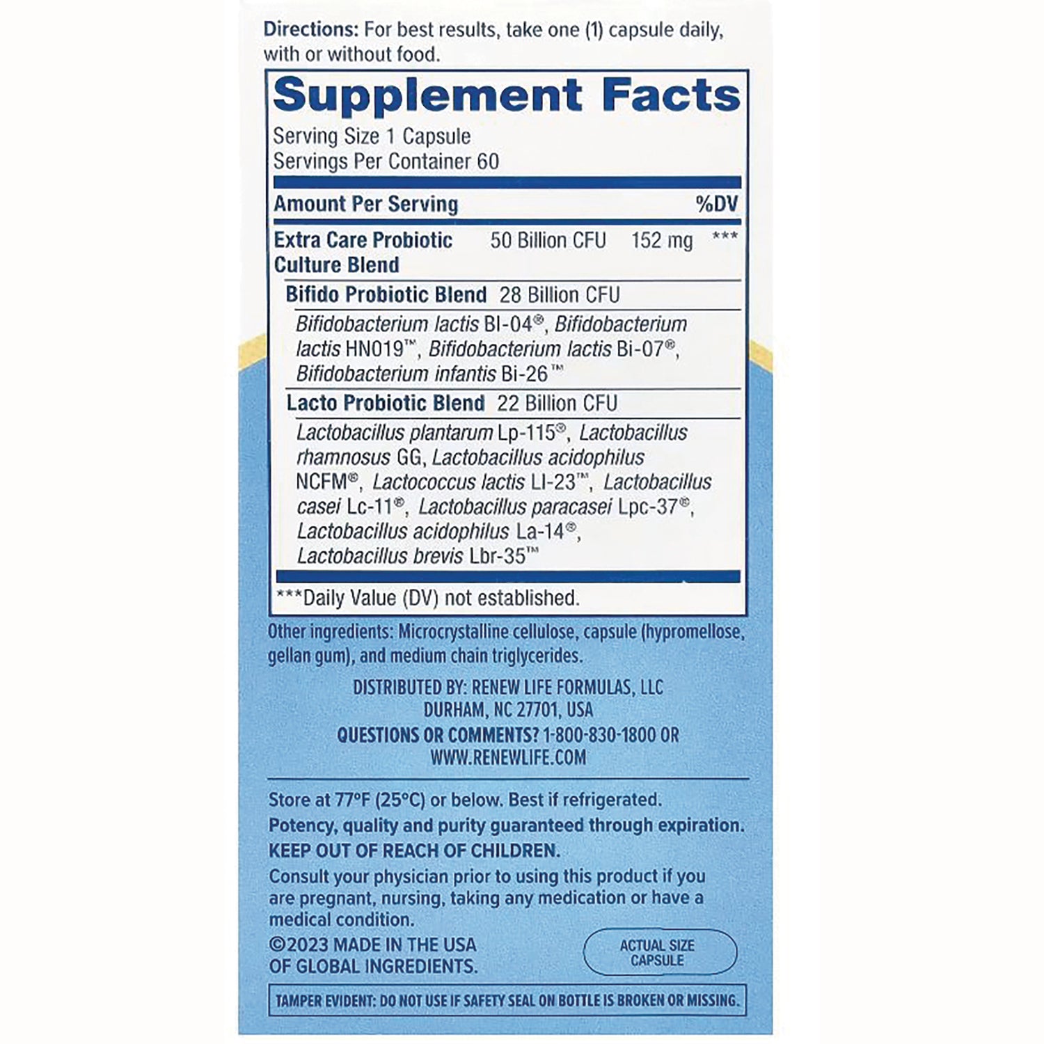 RNL236 | back label showing Supplement Facts, serving size 1 capsule, probiotic blend details and storage and usage instructions