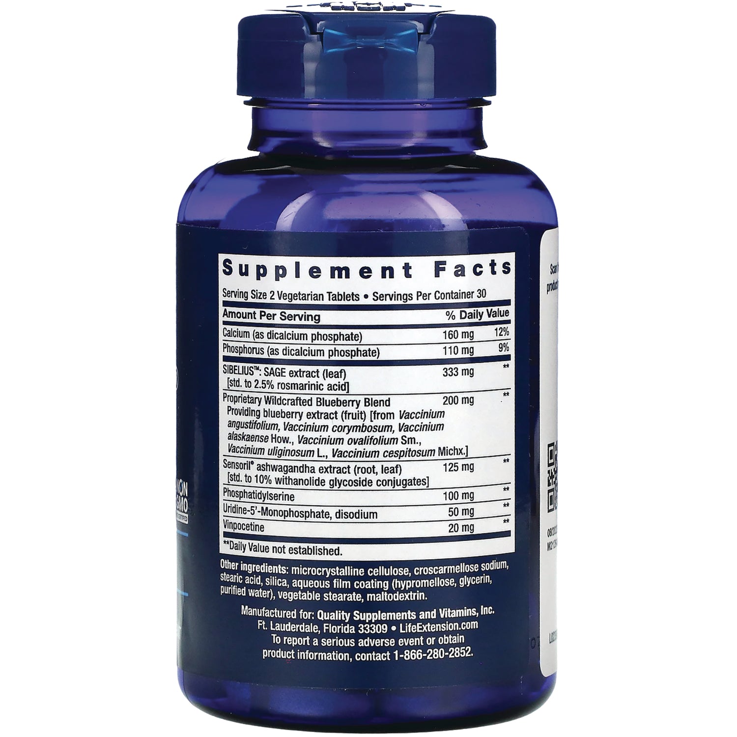 LE564 | back label showing Supplement Facts panel and ingredient list on blue supplement bottle