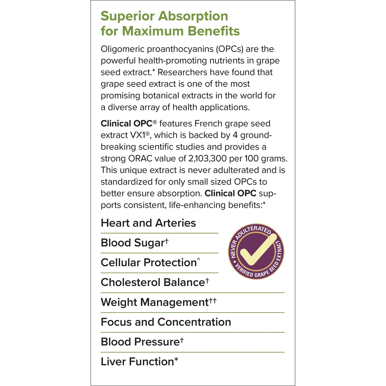 Back label describing Clinical OPC grape seed extract benefits and listing heart, blood sugar, cellular protection, liver function with verified seal