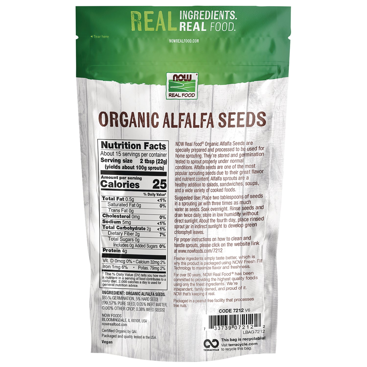 NWF1415 | Back of NOW Real Food Organic Alfalfa Seeds pouch showing Nutrition Facts panel, ingredient text, and barcode