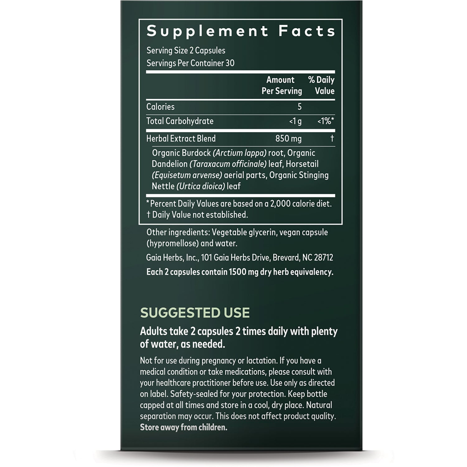 GH158 | Back label showing Supplement Facts table, ingredients, and Suggested Use instructions