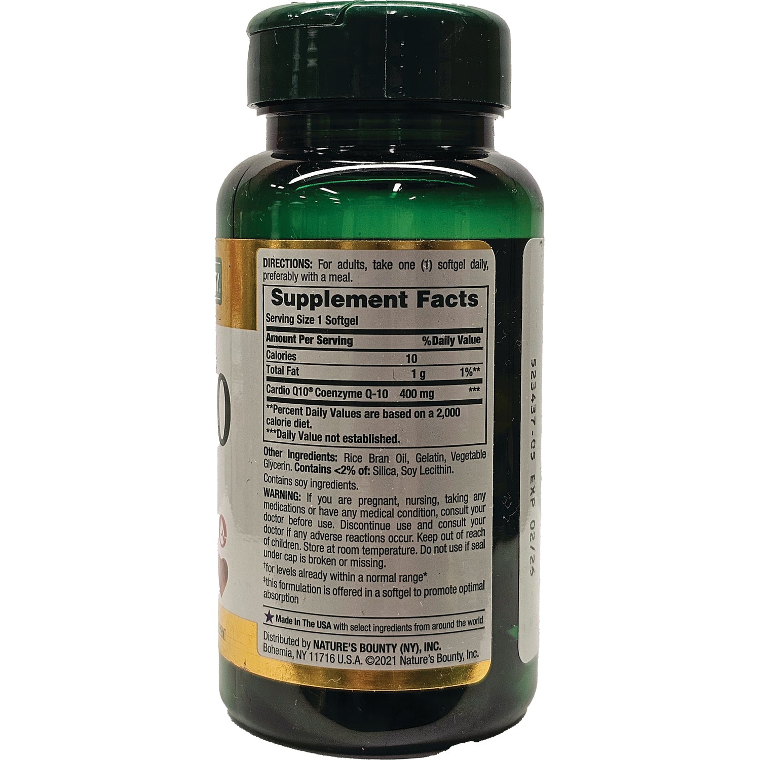 NBY026 | Back of green supplement bottle showing Supplement Facts panel, ingredients and directions