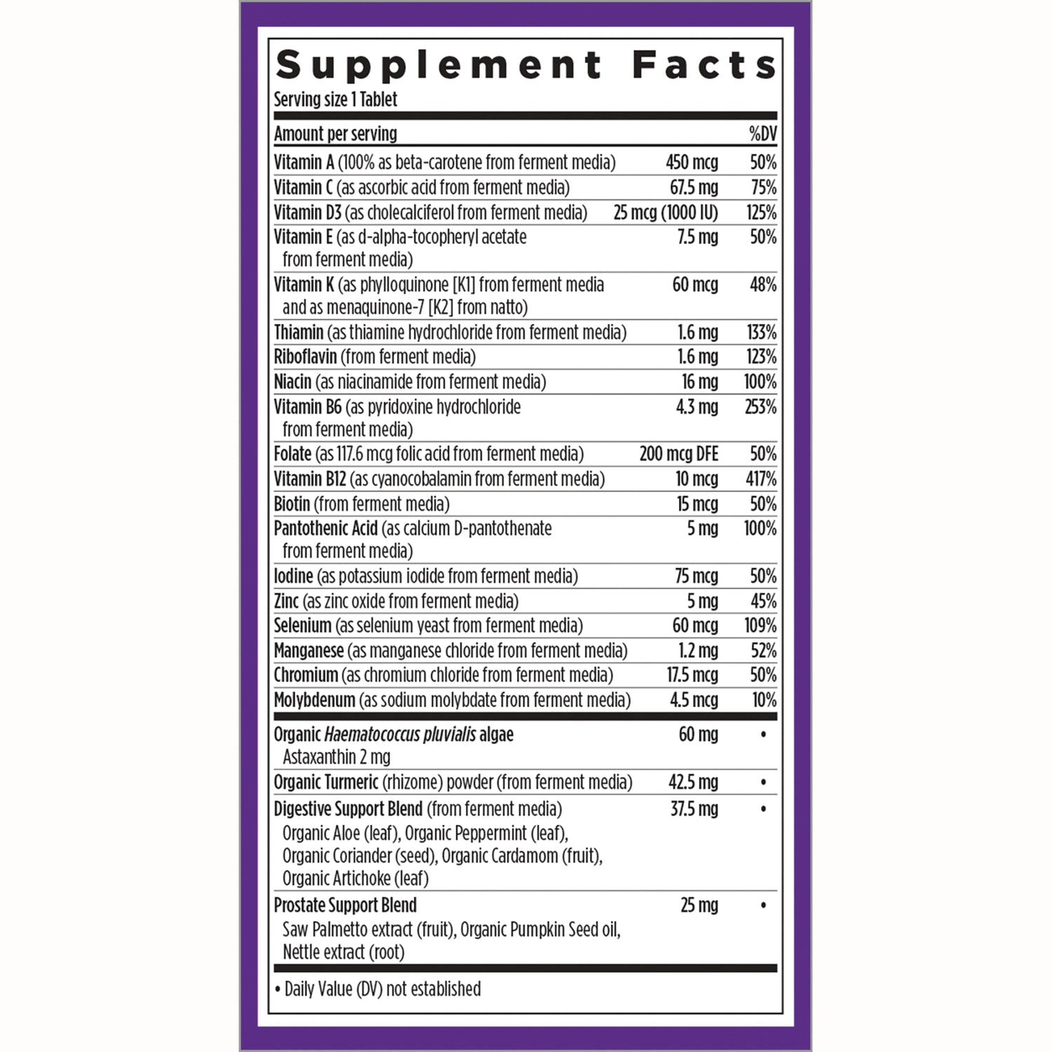NWC299 | Supplement Facts panel showing vitamins, minerals, and ingredient blends for one tablet