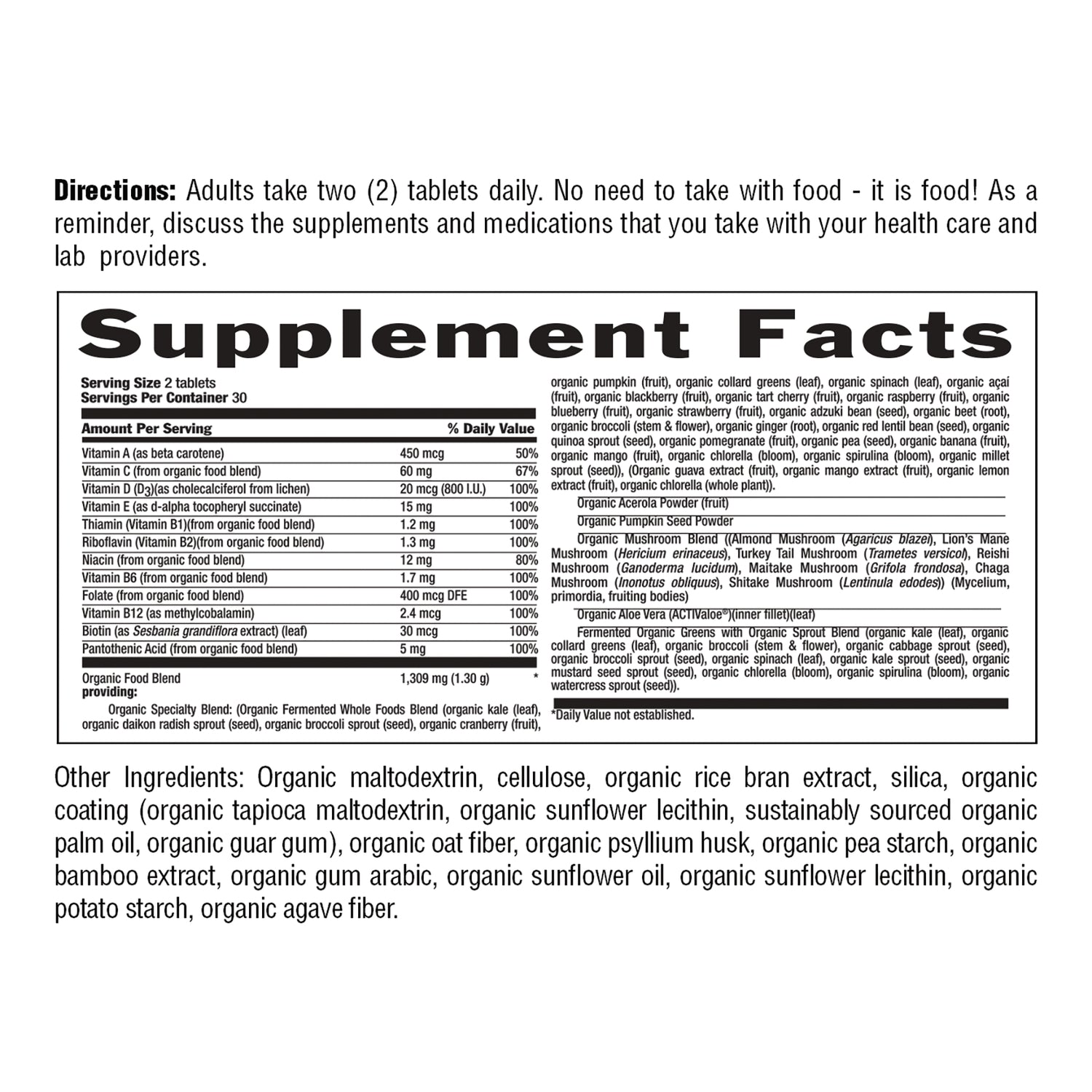 CRL646 | back label showing Supplement Facts panel, directions to take two tablets daily, and other ingredients list