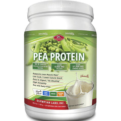 OL005 | White tub of Olympian Labs Pea Protein powder, vanilla flavor label with peas and a glass of protein shake