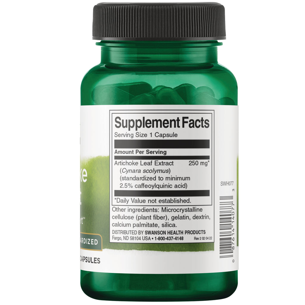SWH077 | Back label with Supplement Facts for Artichoke Leaf Extract 250 mg, serving size 1 capsule - Thumbnail
