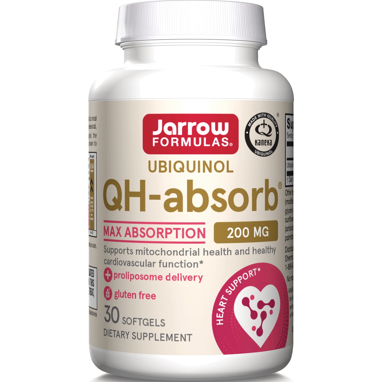 Jarrow Formulas QH-absorb ubiquinol 200 mg bottle front label showing 30 softgels, max absorption and heart support