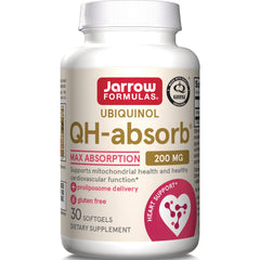 Jarrow Formulas QH-absorb ubiquinol 200 mg bottle front label showing 30 softgels, max absorption and heart support