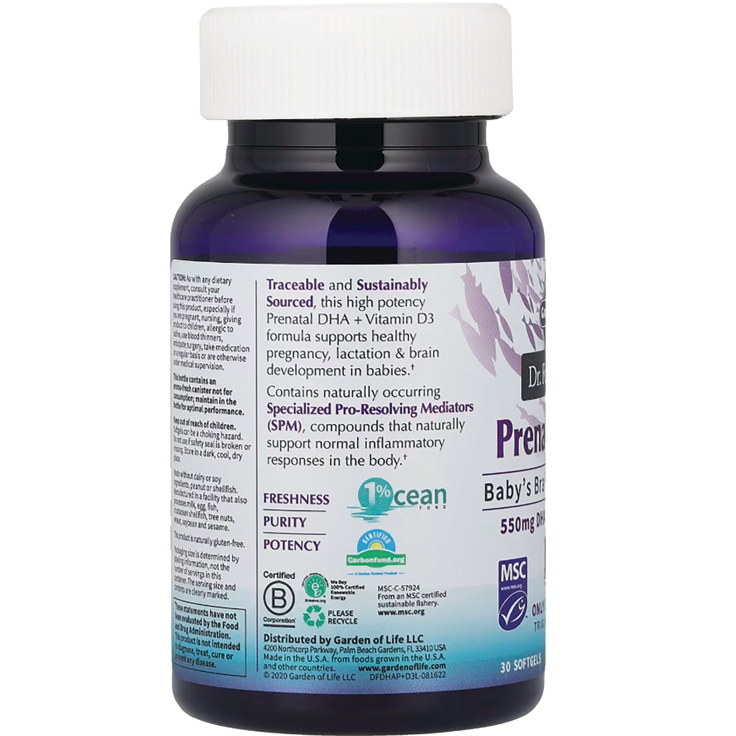 GLF320 | Back label of prenatal DHA supplement bottle showing product information, usage text, and certification logos