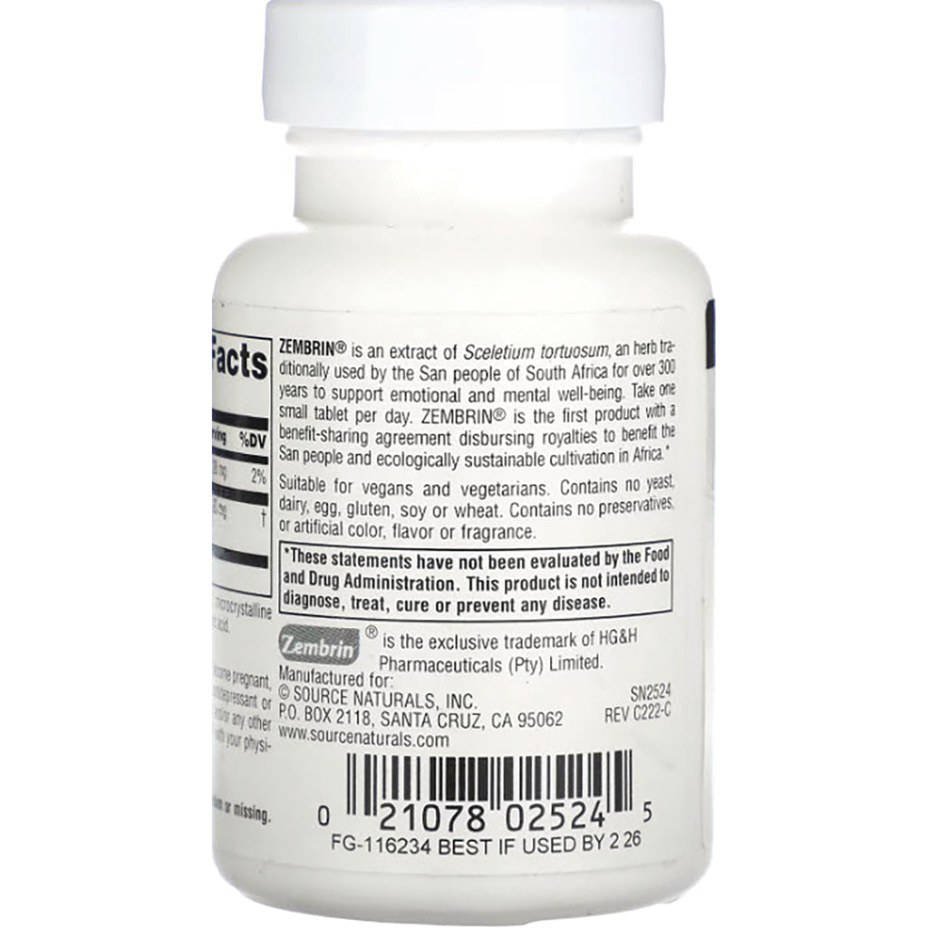 SN559 | Back label of Source Naturals supplement bottle with Zembrin information, warnings, and barcode - Thumbnail