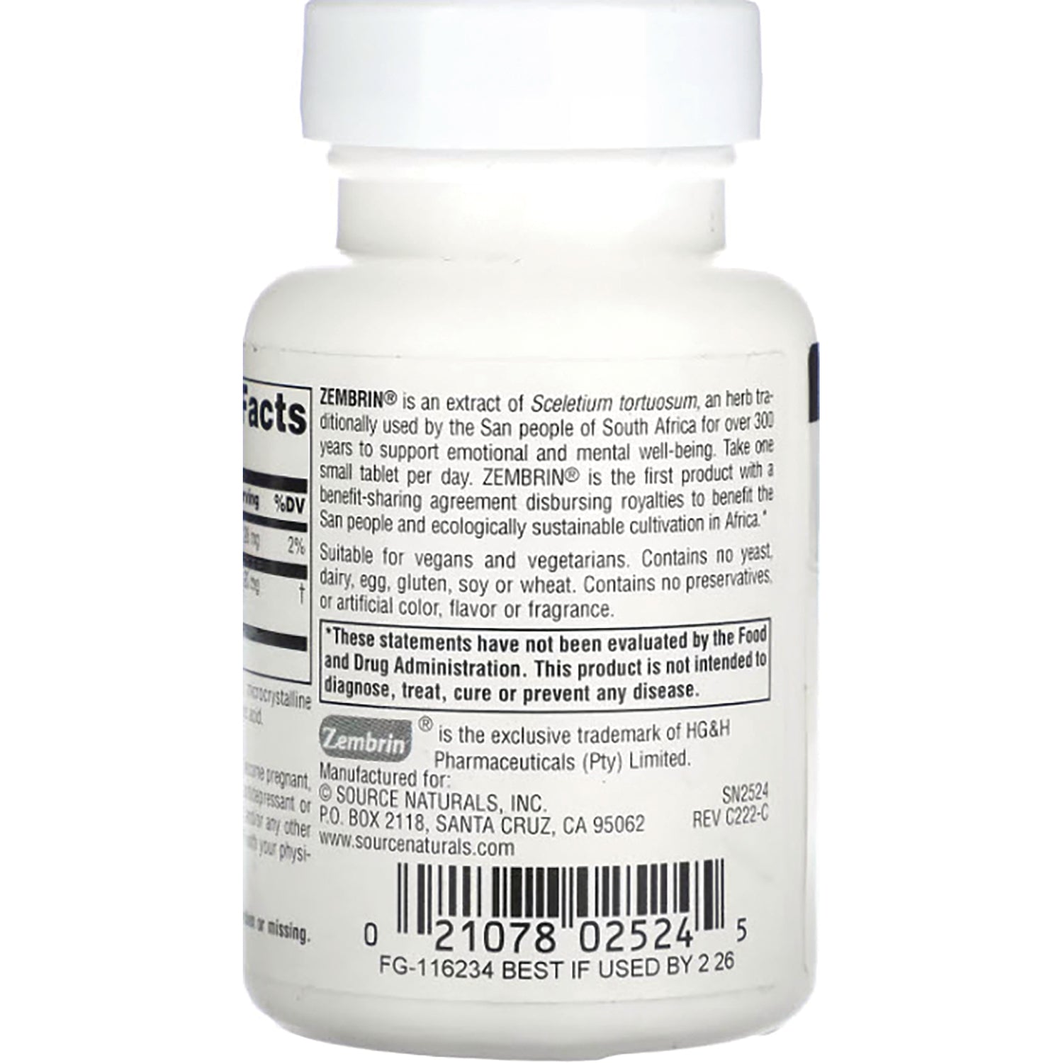 SN559 | Back label of Source Naturals supplement bottle with Zembrin information, warnings, and barcode