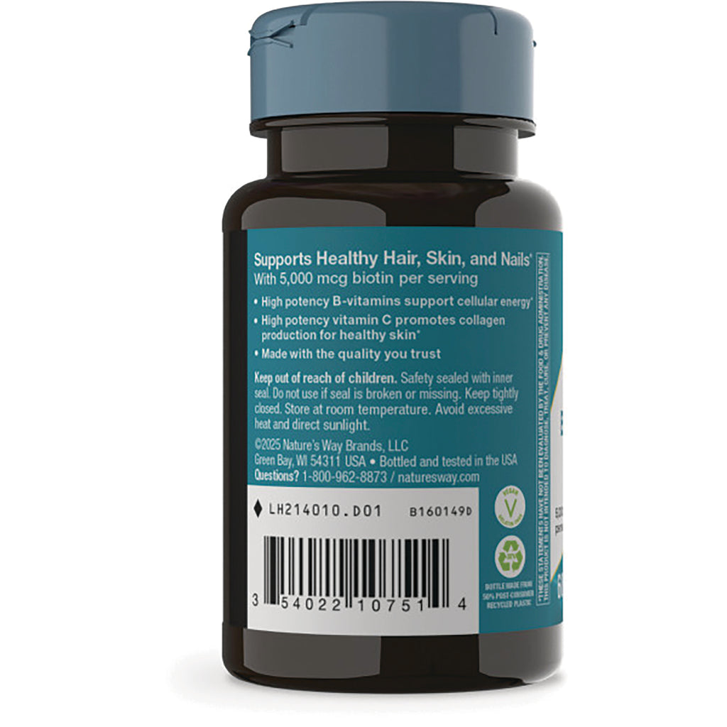 ET414 | Back label of supplement bottle showing Supports Healthy Hair, Skin, and Nails text, ingredients and barcode - Thumbnail
