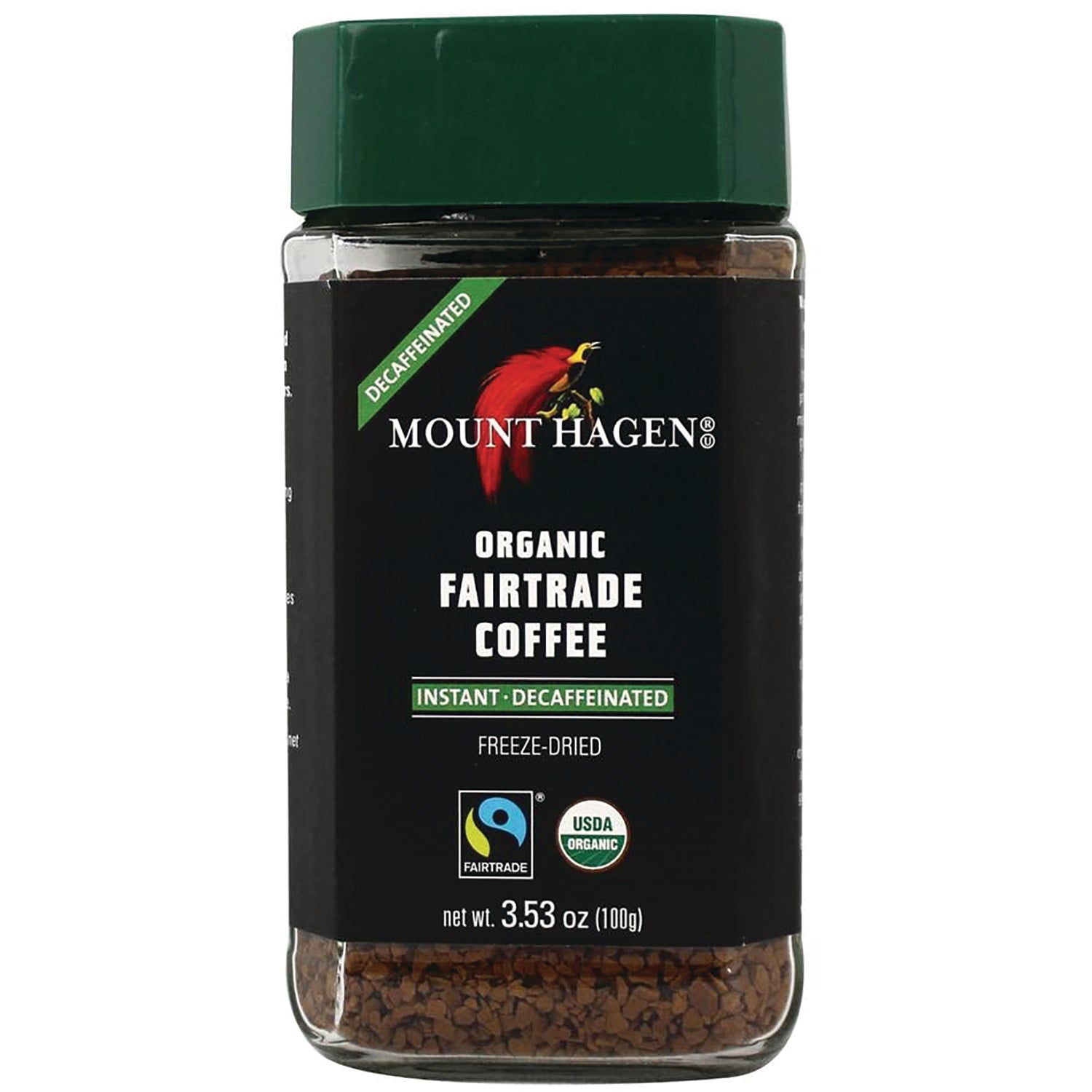 MTH005 | Mount Hagen organic Fairtrade instant decaffeinated freeze-dried coffee jar, front label 3.53 oz