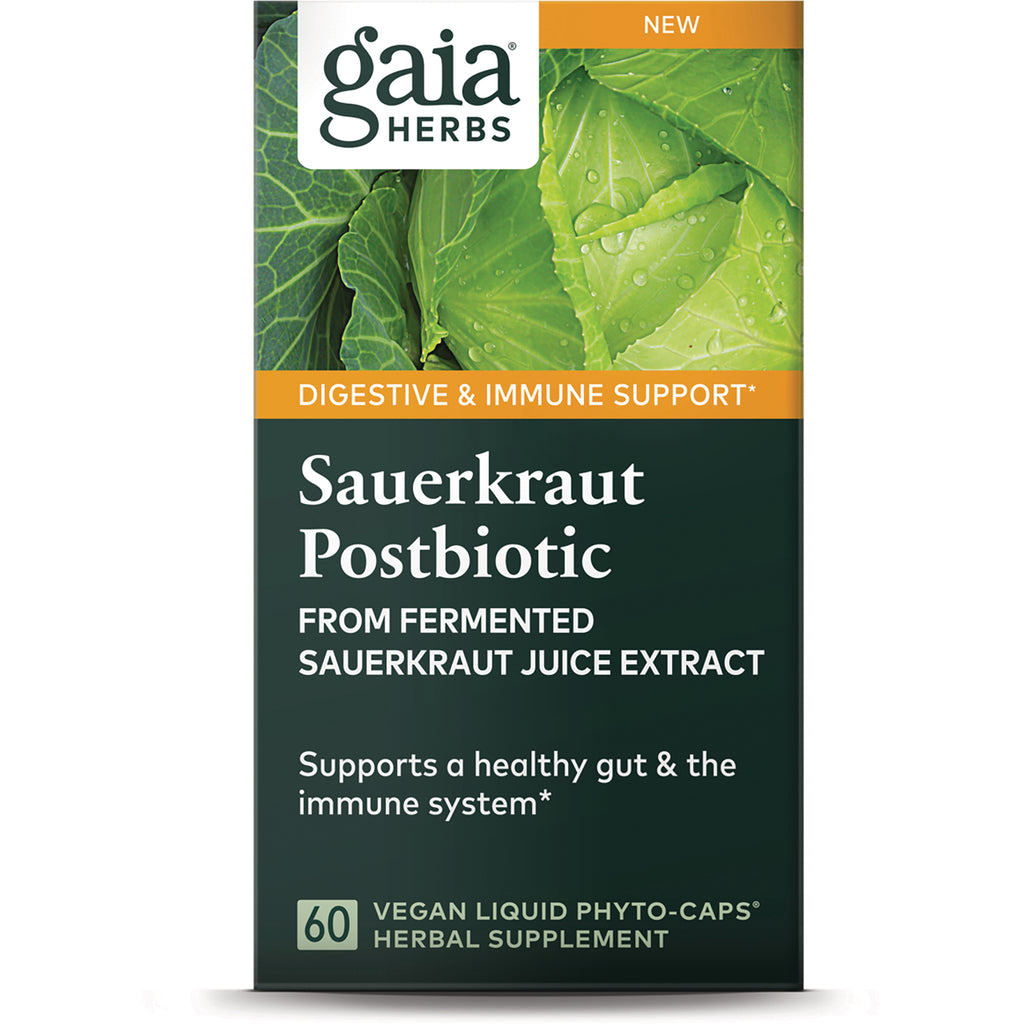 GH156 | Gaia Herbs Sauerkraut Postbiotic front packaging, 60 vegan liquid phyto-caps, supports digestive and immune health - Thumbnail