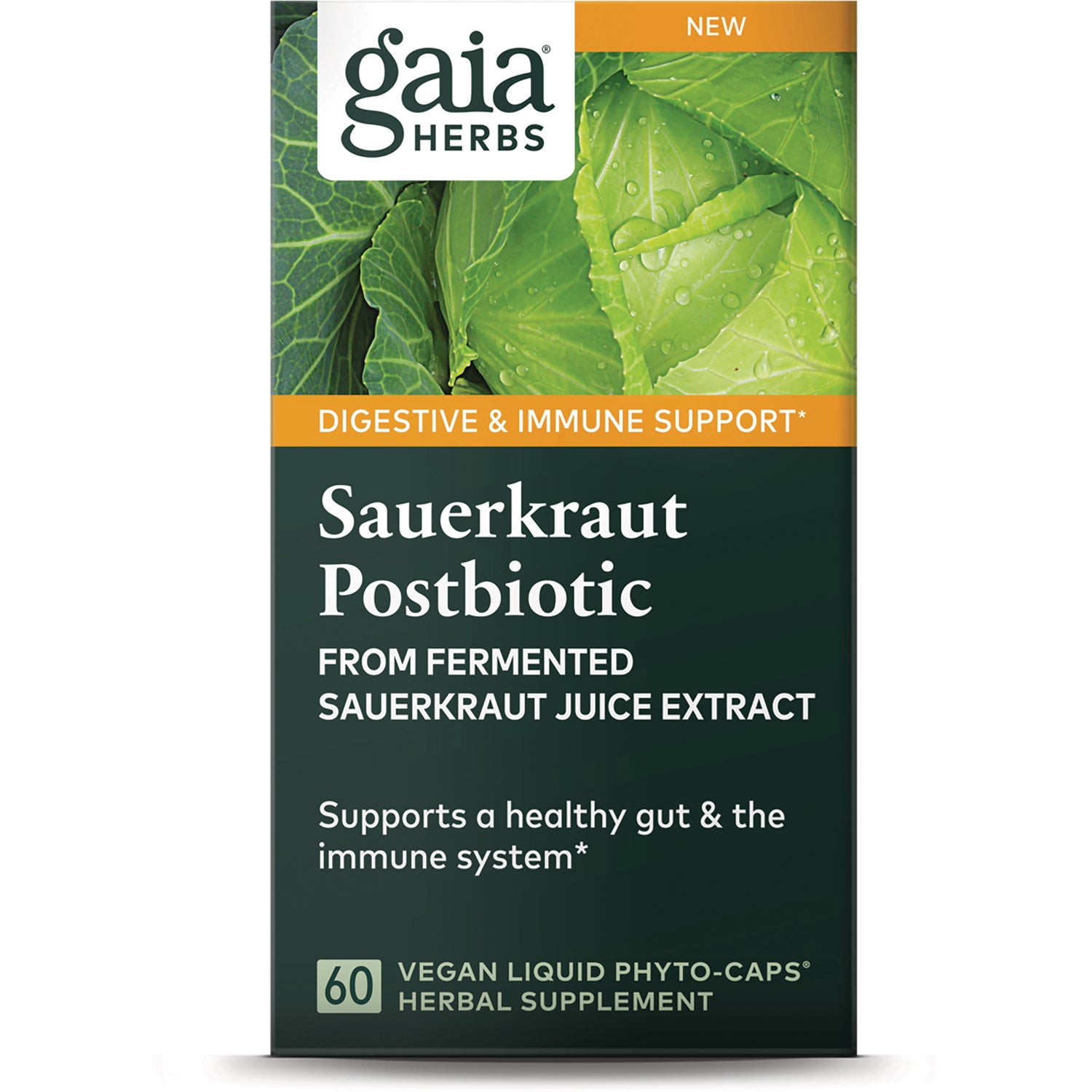 GH156 | Gaia Herbs Sauerkraut Postbiotic front packaging, 60 vegan liquid phyto-caps, supports digestive and immune health