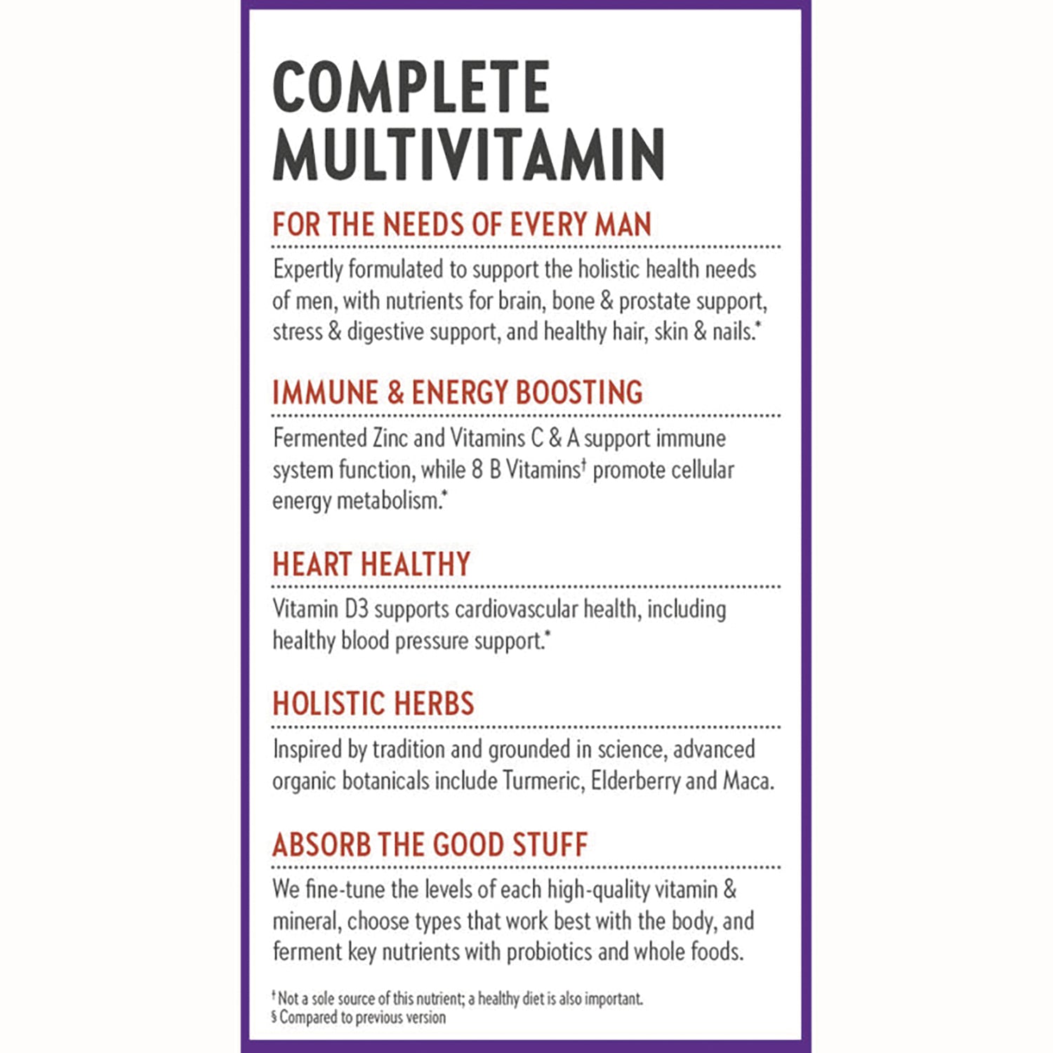 NWC137 | Complete multivitamin infographic listing benefits: immune and energy, heart health, holistic herbs, improved absorption