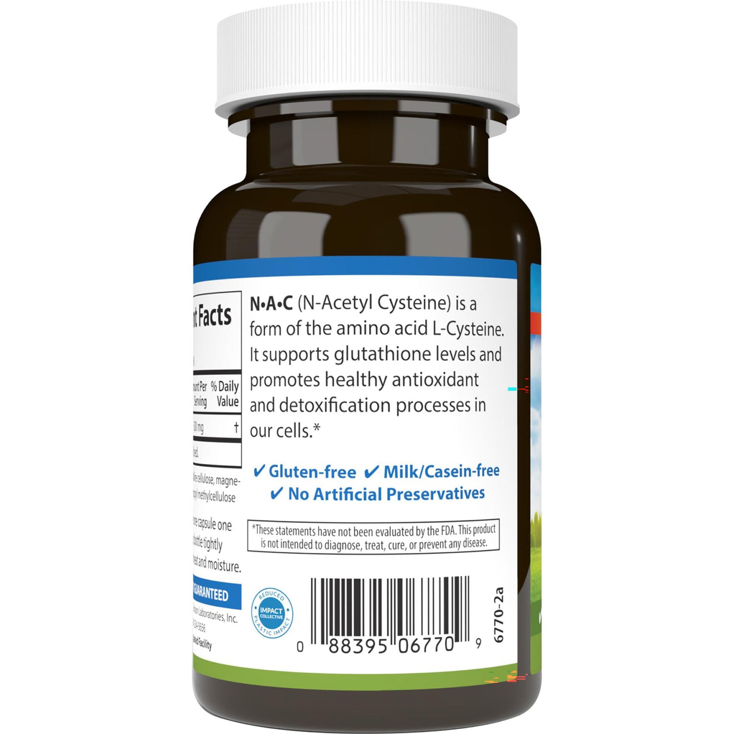 CSN193 | Back of supplement bottle label showing N-A-C description, gluten-free milk/casein-free claims and barcode