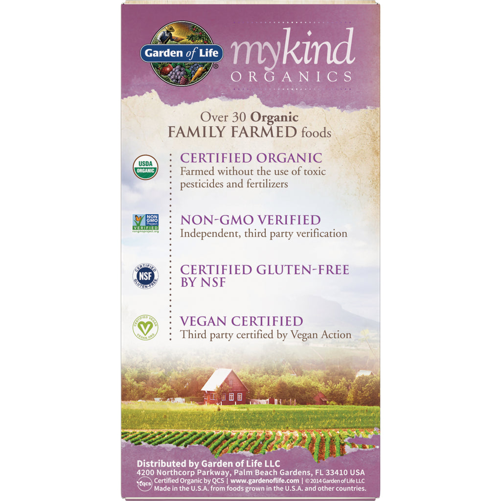 GLF180 | mykind Organics back panel showing certifications: Certified Organic, Non-GMO Verified, Certified Gluten-Free by NSF, Vegan Certified - Thumbnail
