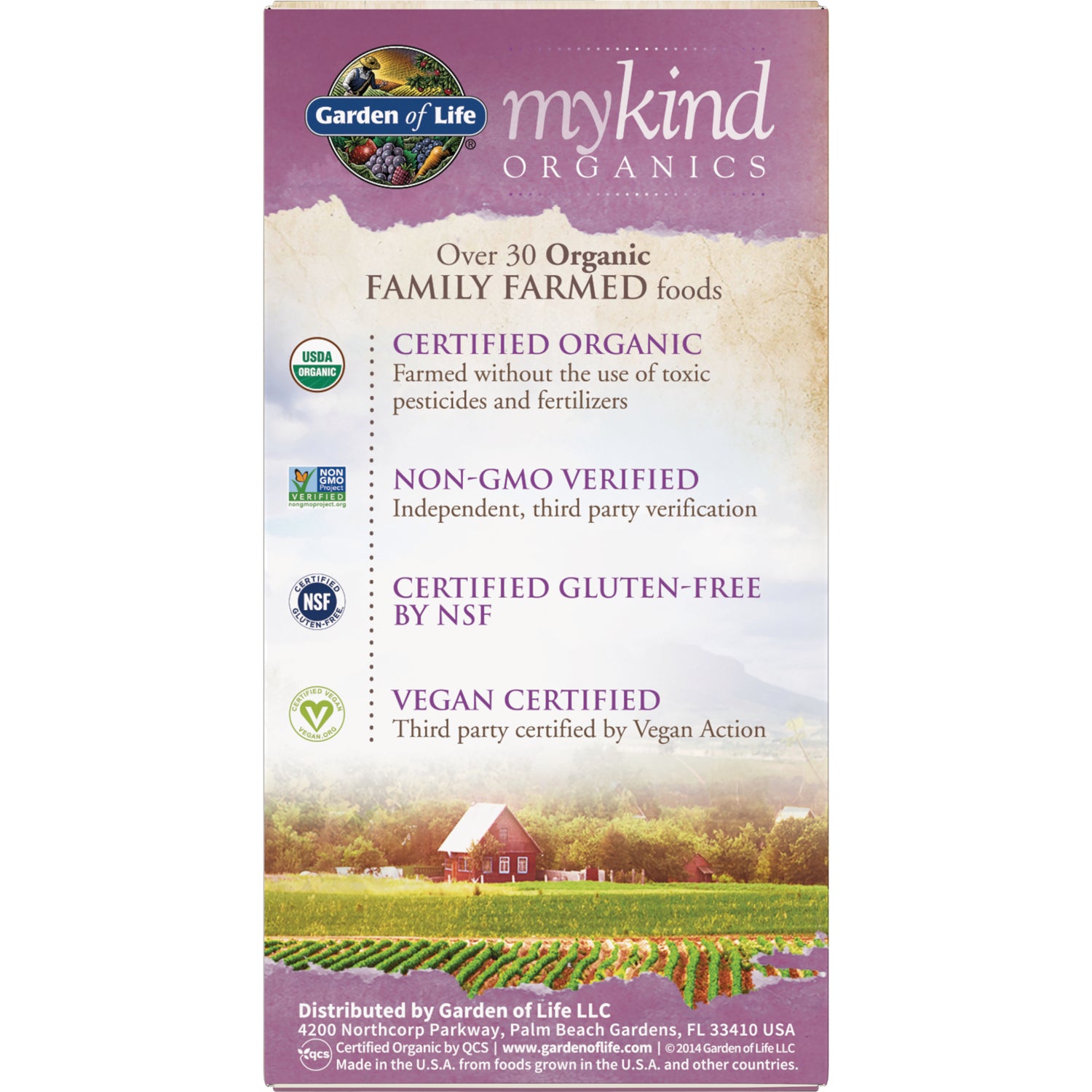 GLF180 | mykind Organics back panel showing certifications: Certified Organic, Non-GMO Verified, Certified Gluten-Free by NSF, Vegan Certified