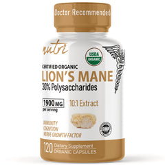 NFU004 | white and gold bottle of USDA Organic Lion's Mane dietary supplement 120 organic capsules 1900 mg per serving