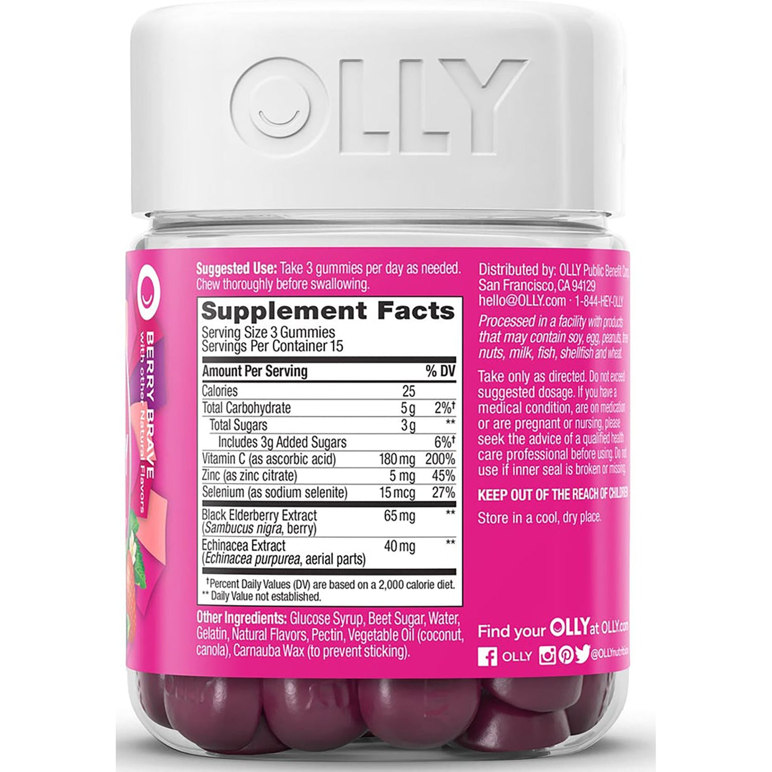 OLY005 | back label showing Supplement Facts panel, ingredients, and directions on pink OLLY berry gummy bottle