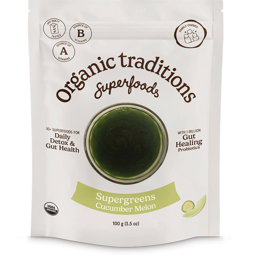 OTR105 | front pouch of Organic Traditions Supergreens Cucumber Melon powder showing green smoothie image and product name - Thumbnail