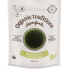OTR105 | front pouch of Organic Traditions Supergreens Cucumber Melon powder showing green smoothie image and product name