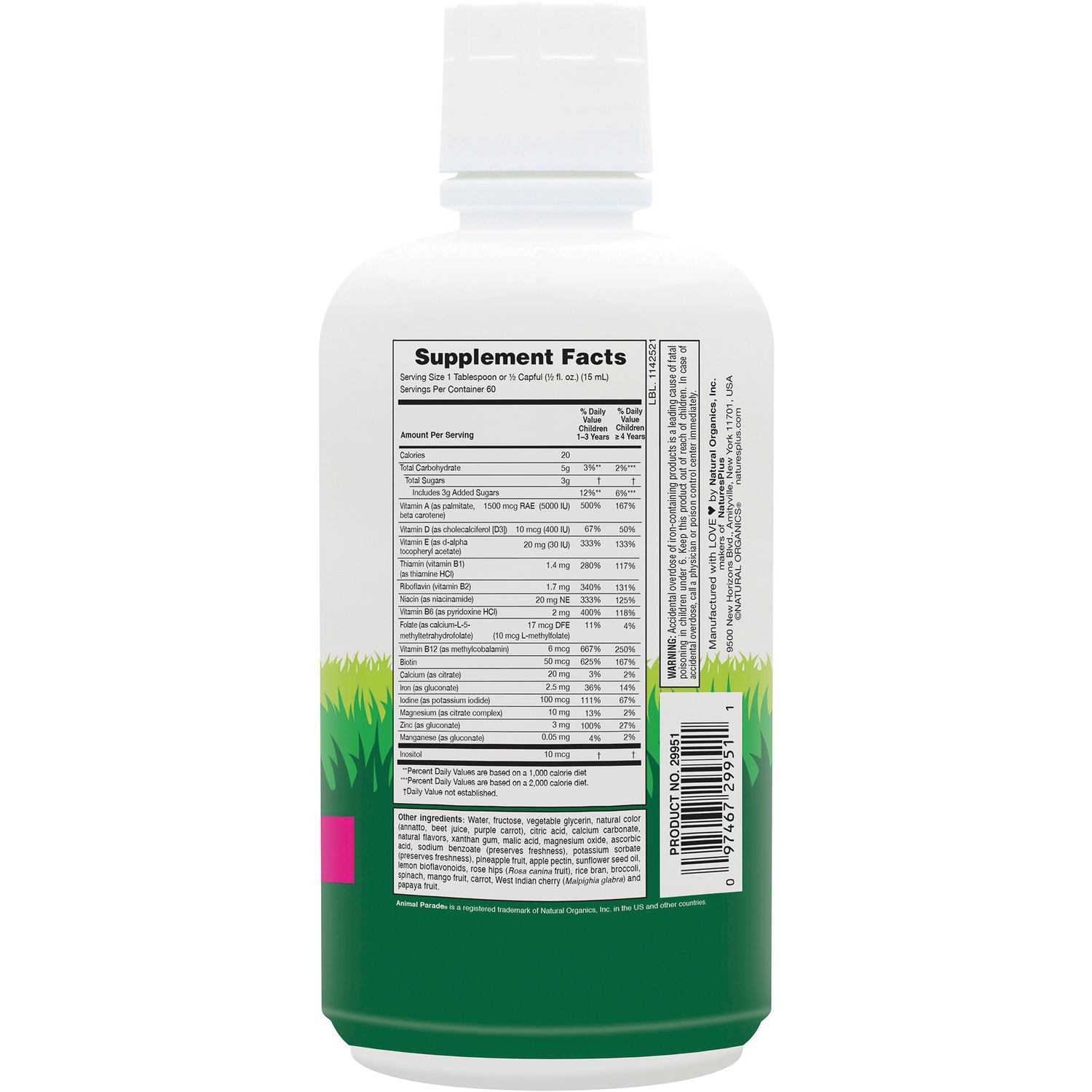 NTP050 | Back of white supplement bottle showing Supplement Facts panel and barcode over green grass design