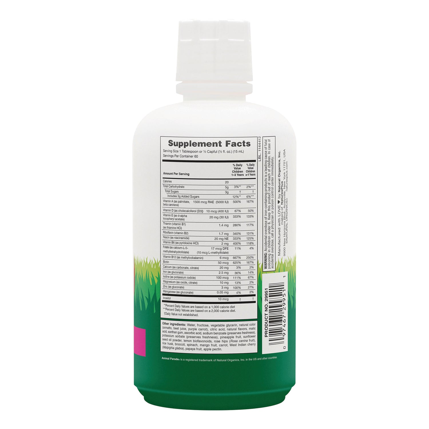NTP050 | Back of white supplement bottle showing Supplement Facts panel and barcode over green grass design