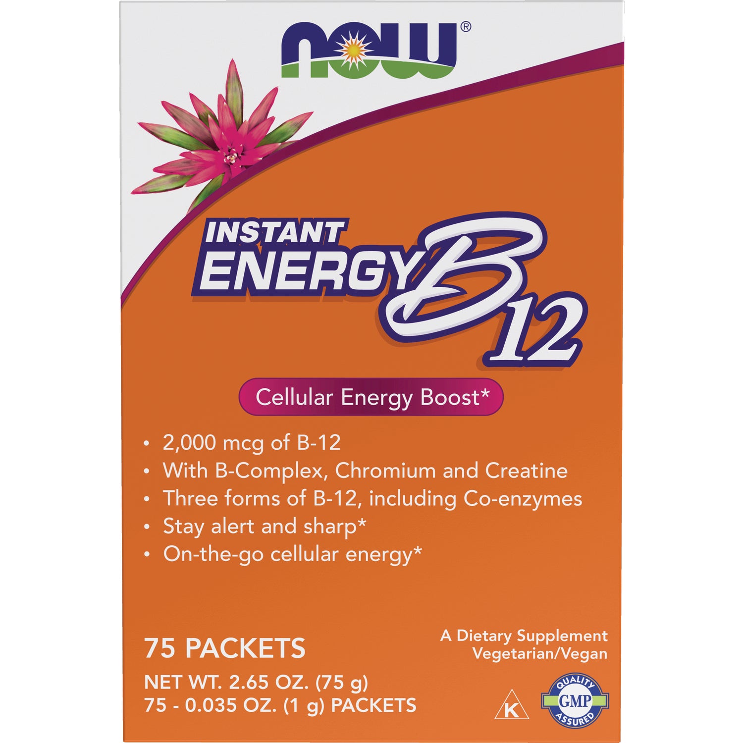 NWF024 | NOW Instant Energy B12 orange box front showing 75 packets and Cellular Energy Boost label