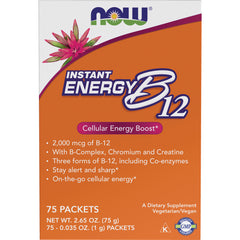 NWF024 | NOW Instant Energy B12 orange box front showing 75 packets and Cellular Energy Boost label