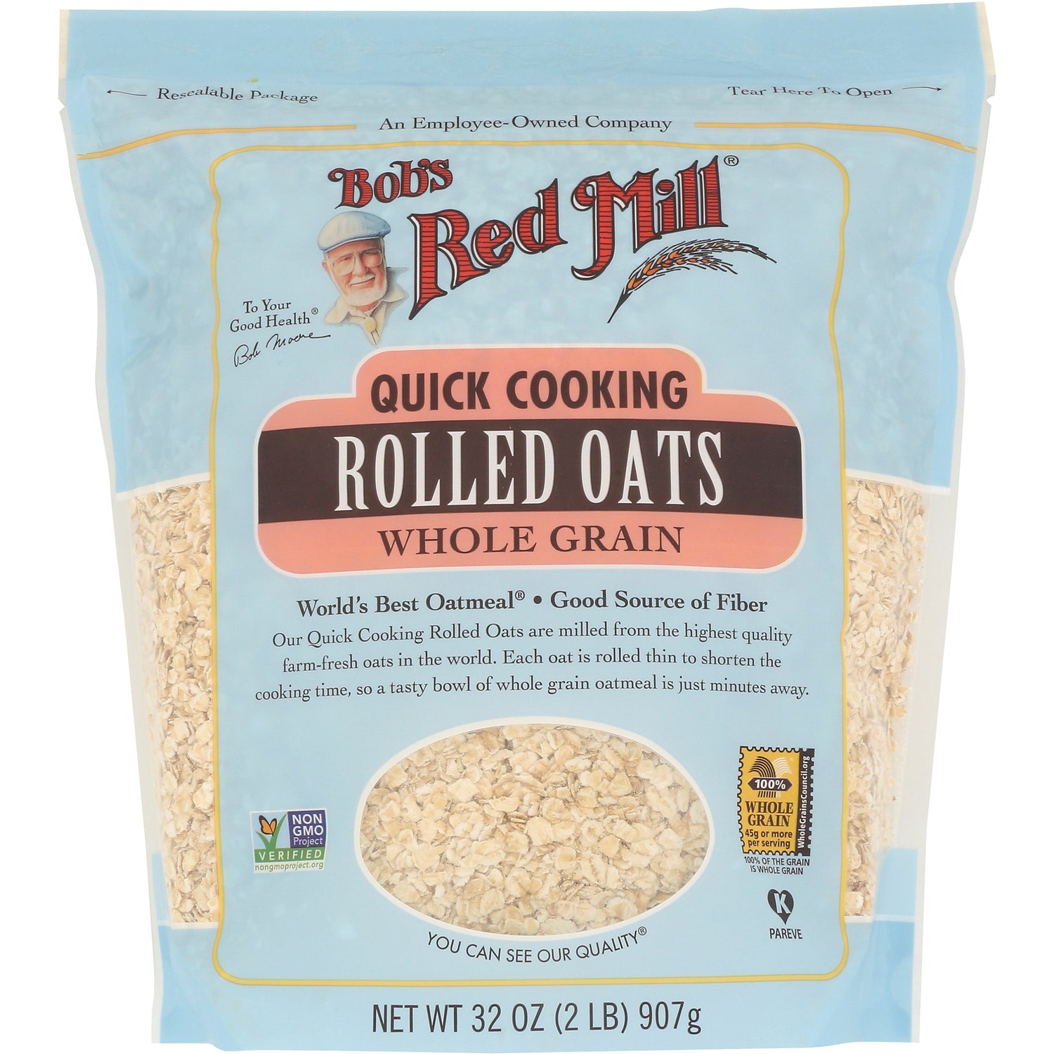 BOB400 | Bob's Red Mill Quick Cooking Rolled Oats whole grain front resealable bag with clear window, 32 oz