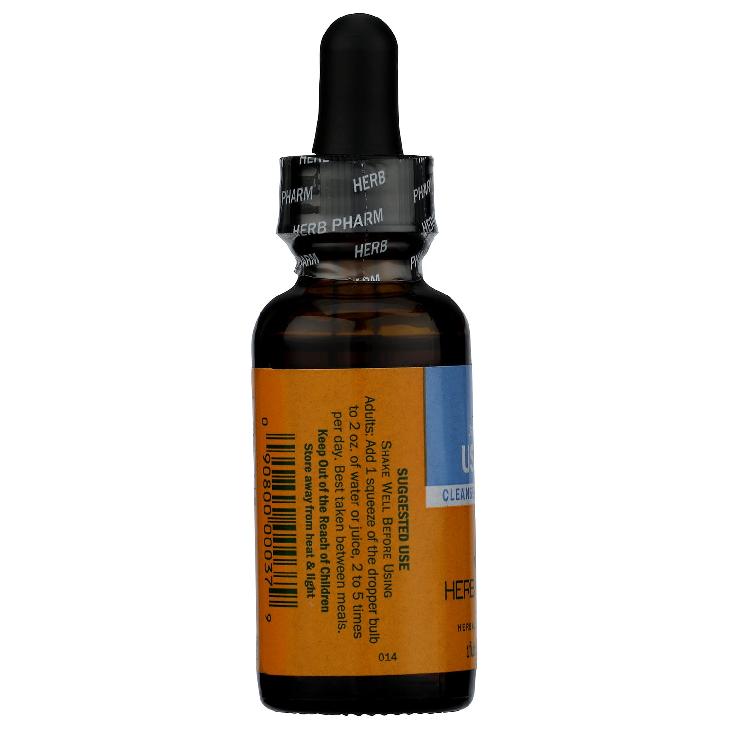 Amber dropper bottle with black cap and orange label, showing suggested use instructions