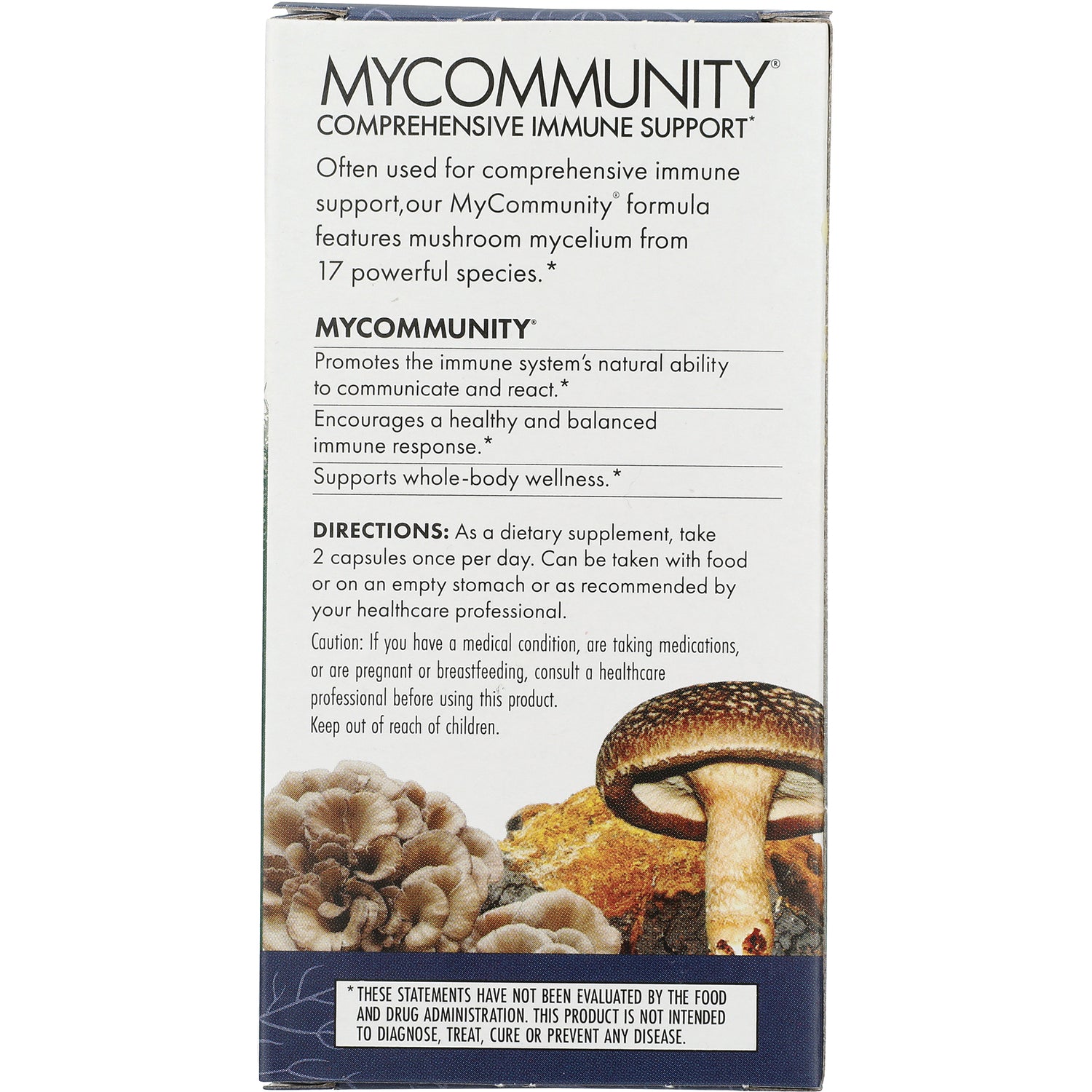 FUN003 | Back of MyCommunity supplement box showing product description, directions, warnings and mushroom illustrations