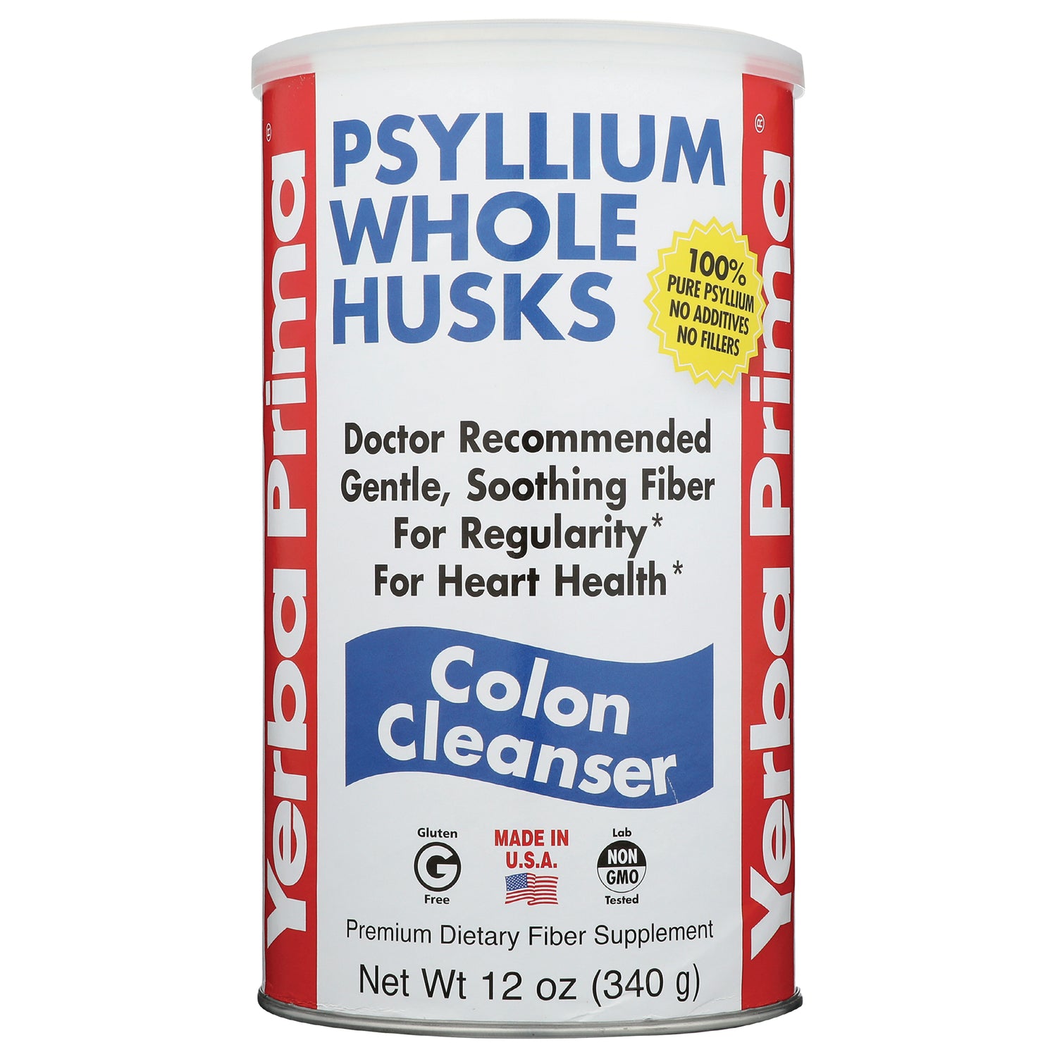 YP001 | Yerba Prima Psyllium Whole Husks Colon Cleanser, 12 oz can; doctor recommended fiber; gluten free, non-GMO