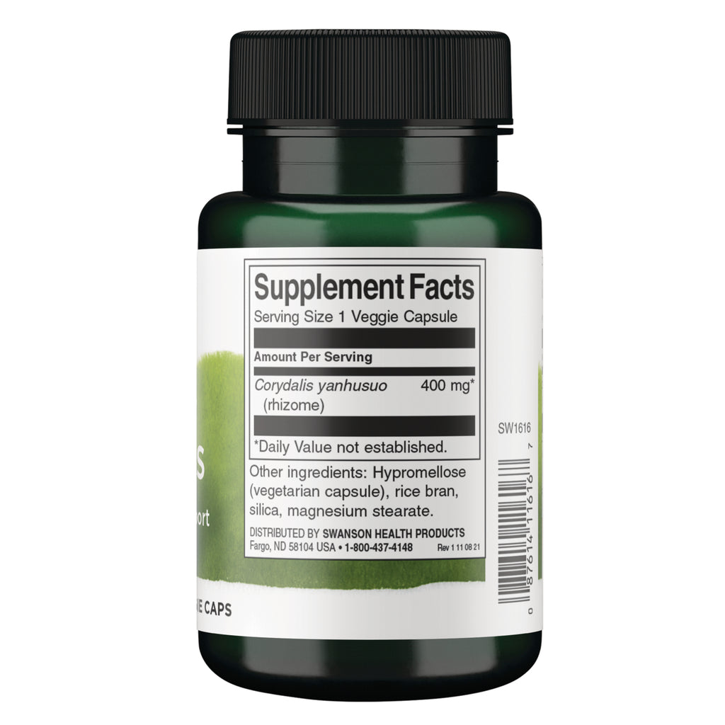 SW1616 | Back label with Supplement Facts for Corydalis yanhusuo 400 mg, serving size 1 veggie capsule - Thumbnail
