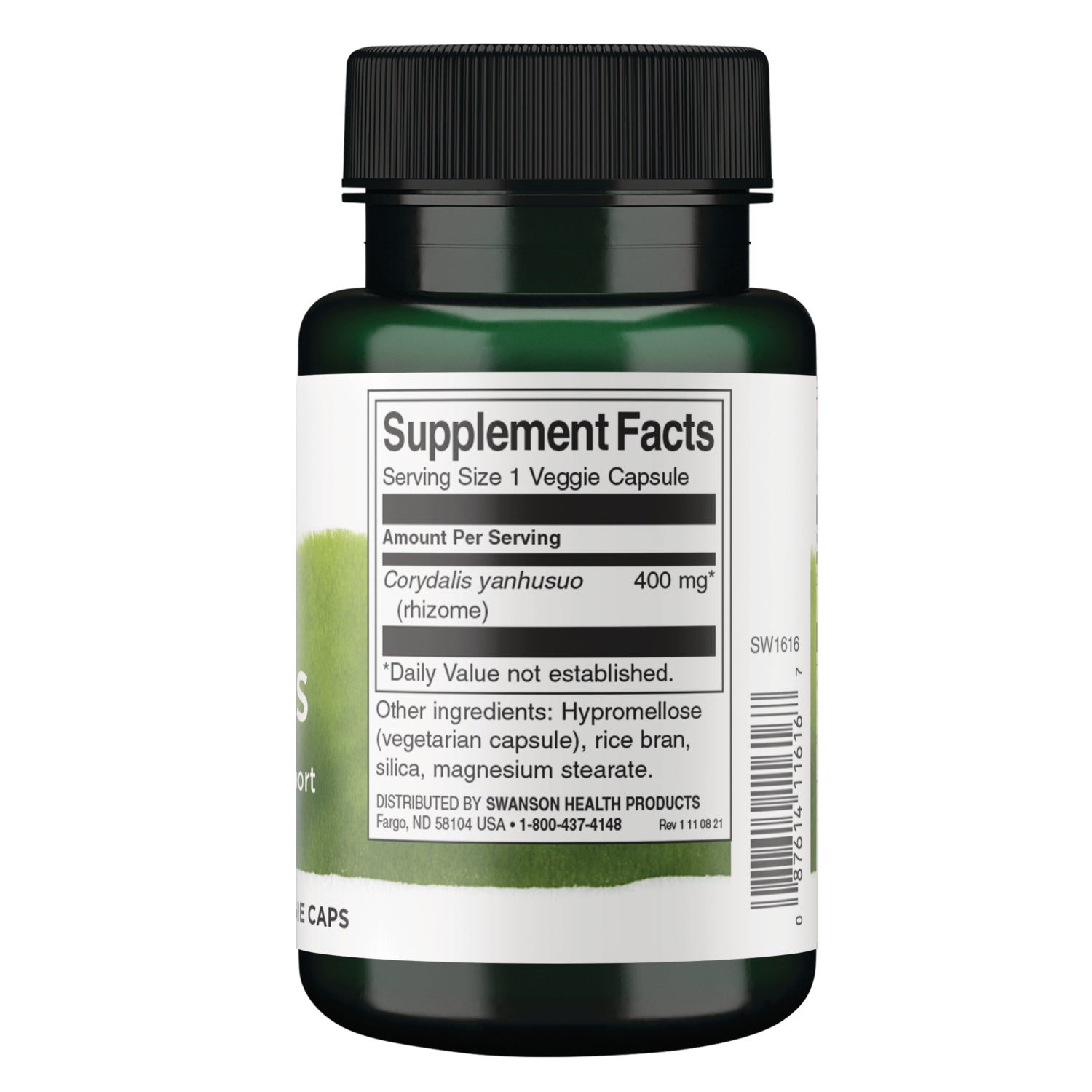 SW1616 | Back label with Supplement Facts for Corydalis yanhusuo 400 mg, serving size 1 veggie capsule