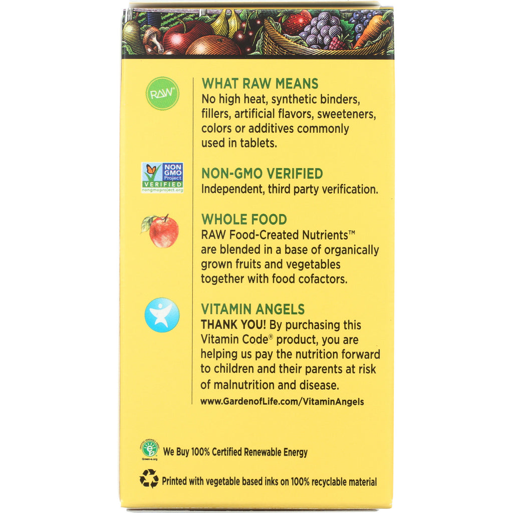 GLF150 | Back panel of yellow supplement box showing WHAT RAW MEANS, NON-GMO VERIFIED, WHOLE FOOD and VITAMIN ANGELS text - Thumbnail